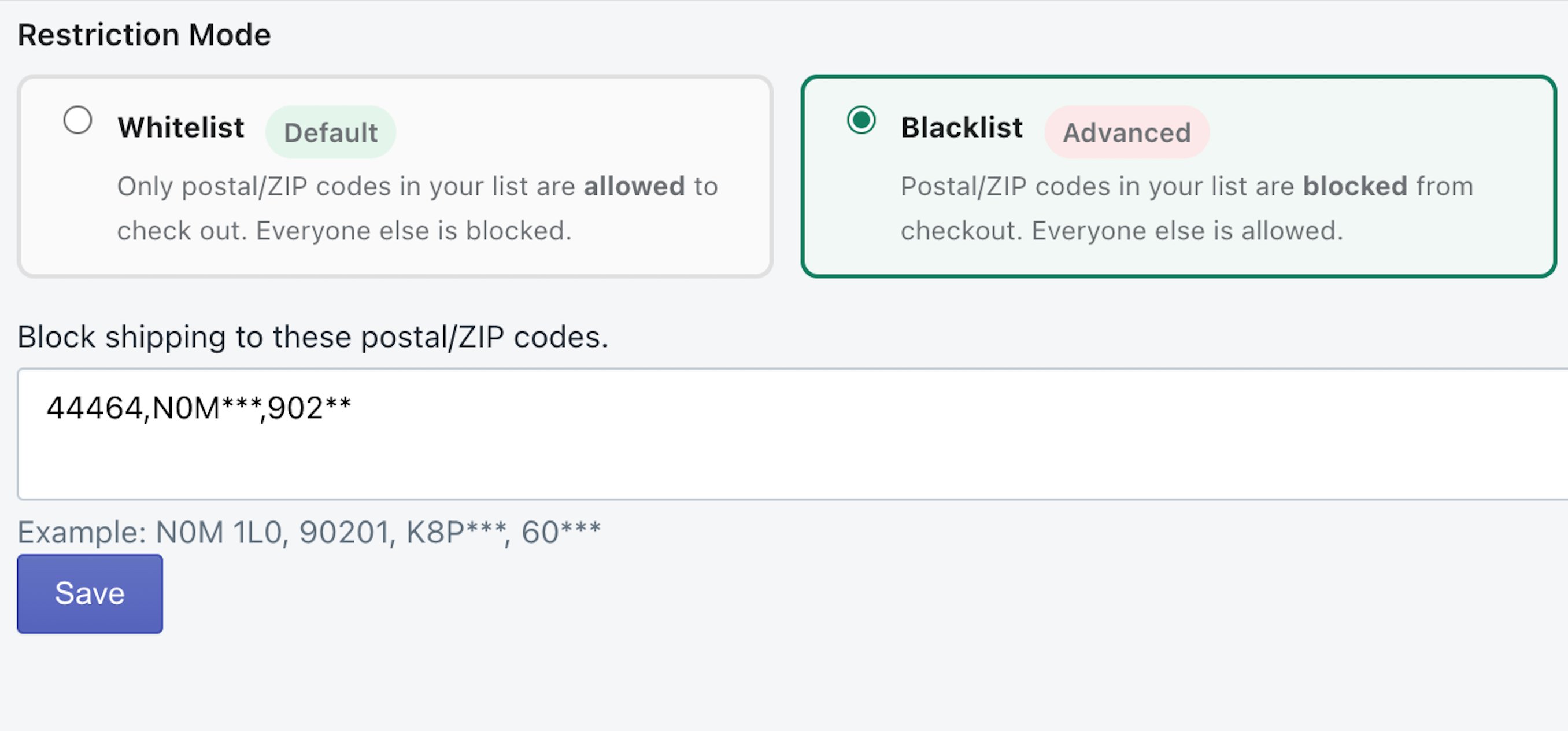 Restriction Mode — Whitelist and Blacklist options in Easy Shipping Restrictions