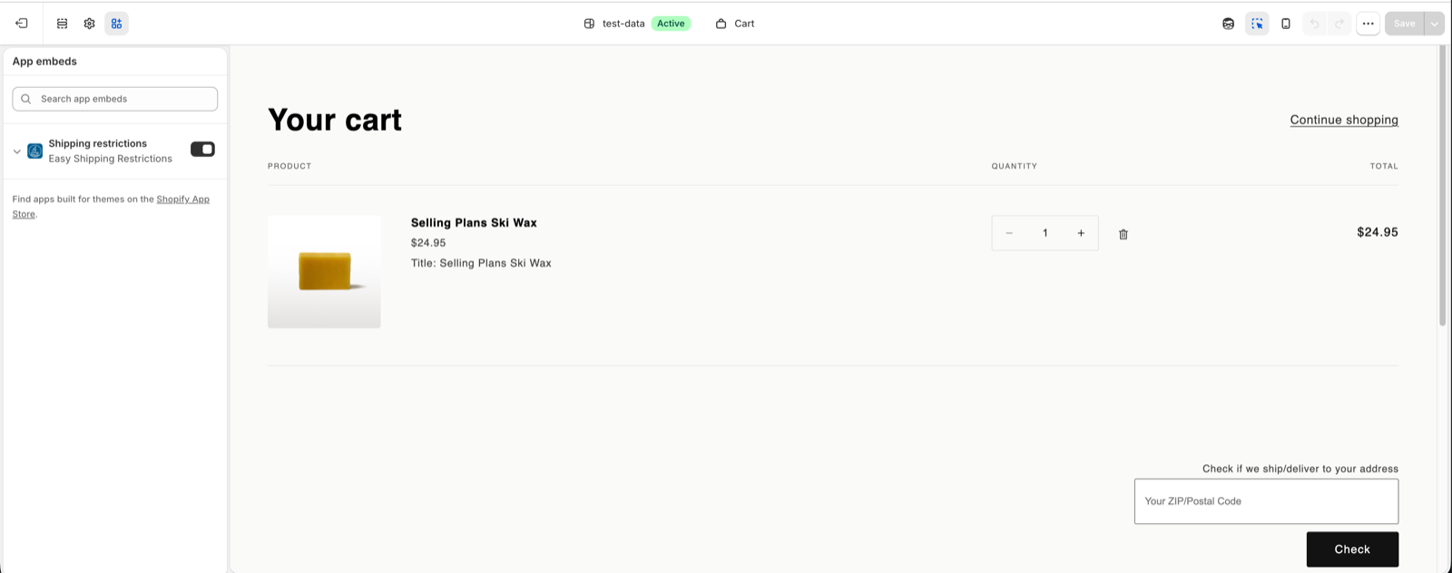 Theme editor, App embeds: Shipping restrictions switched on
