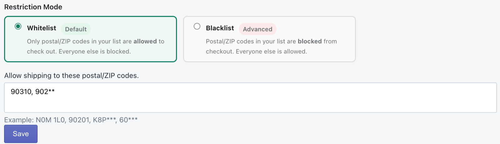 App settings: Restriction Mode and the postal/ZIP code list